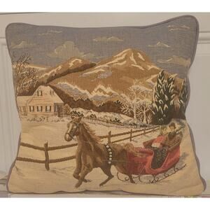 Christmas Pillow One Horse Open Sleigh Scene Snowny Mountains Trees Bells Blue